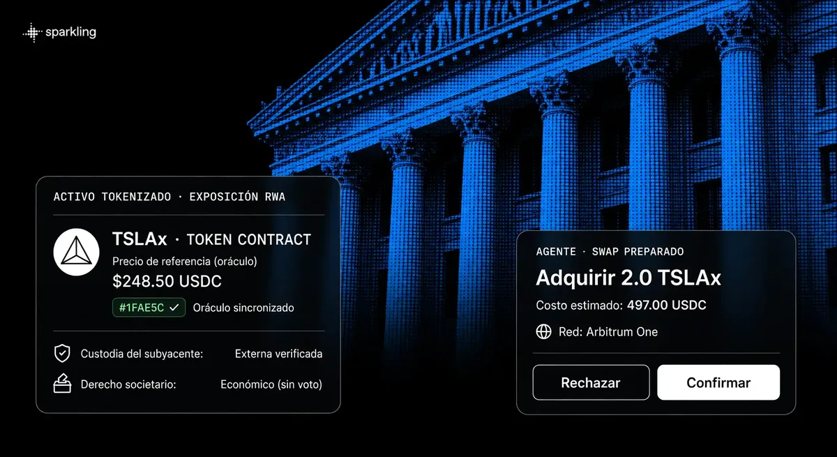 Hero banner illustrating tokenized real-world assets and stocks with an electric-blue halftone stock exchange facade and UI verification cards in Spanish.