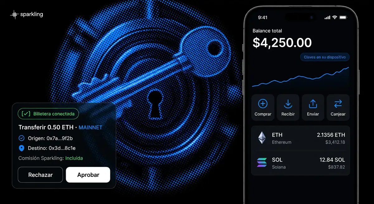 Self-custodial cryptocurrency wallet interface with transaction confirmation card and smartphone balance screen over an electric blue halftone key background.