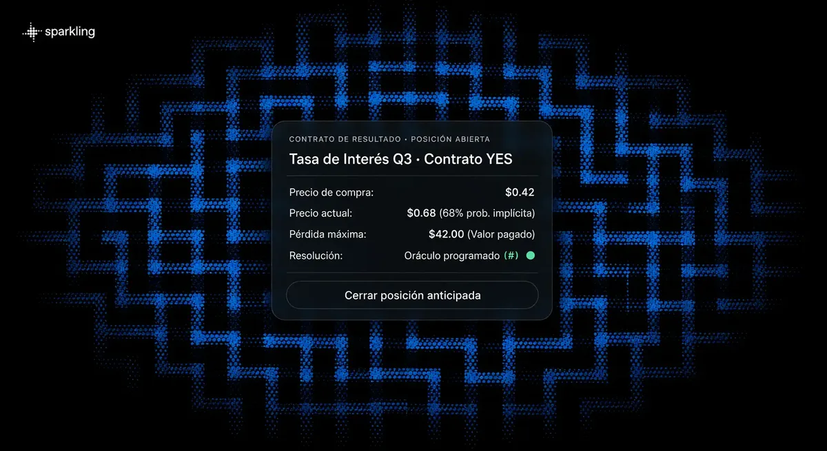 Detailed UI card showing a YES outcome contract position, purchase price, implied probability, and oracle resolution details over a branching maze halftone backdrop.
