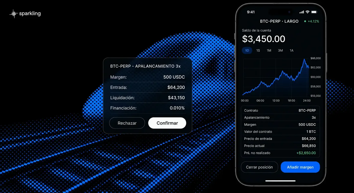Bitcoin perpetual futures interface concept with leverage settings, liquidation threshold, and confirmation modal over an electric-blue halftone train background.