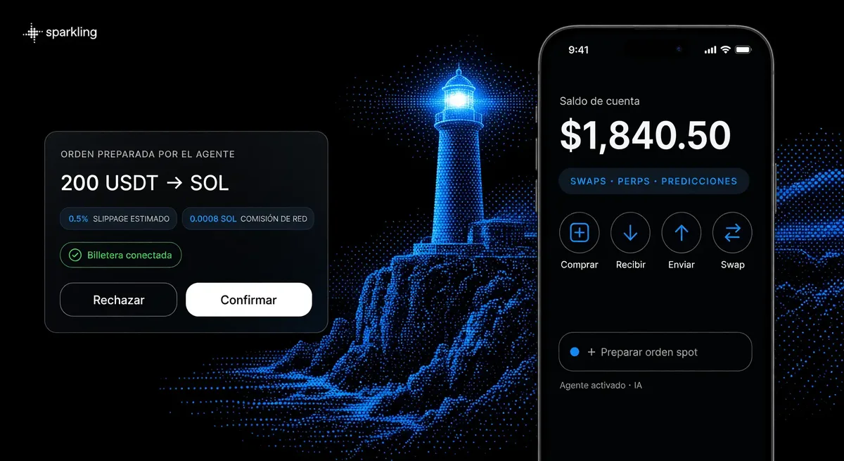 Cryptocurrency trading beginner guide interface showing an agent-prepared order card and a mobile wallet mockup over an electric-blue halftone lighthouse background.