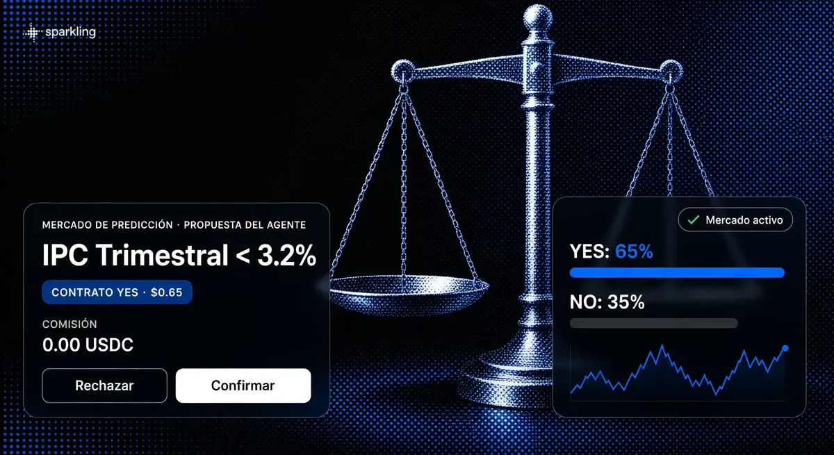 Hero graphic illustrating prediction market mechanics with an agent order proposal card, binary outcome probability charts, and a balance scale halftone background.