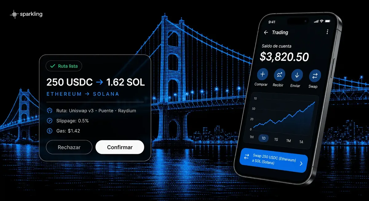 Cross-chain cryptocurrency swap interface showing multi-network route preparation and transaction confirmation modal over an electric blue halftone bridge background.